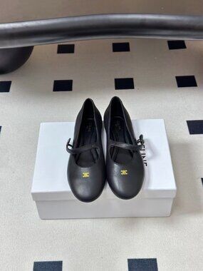 Celine Black Leather Mary Jane Flats Gold Triomphe Round Toe Strap Ballet Shoes
